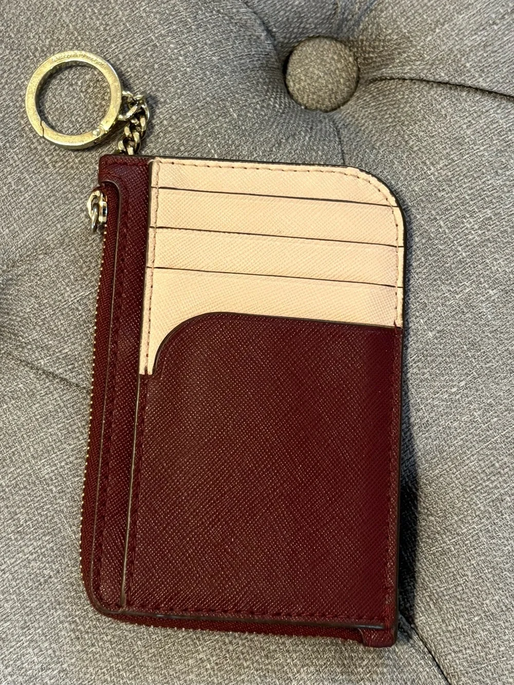 Kate Spade Cameron Cherrywood L-Zip Card Holder Wallet Keychain EUC